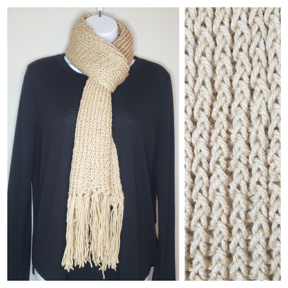 Cream Ivory Handmade Crochet Scarf with Fringe Edges